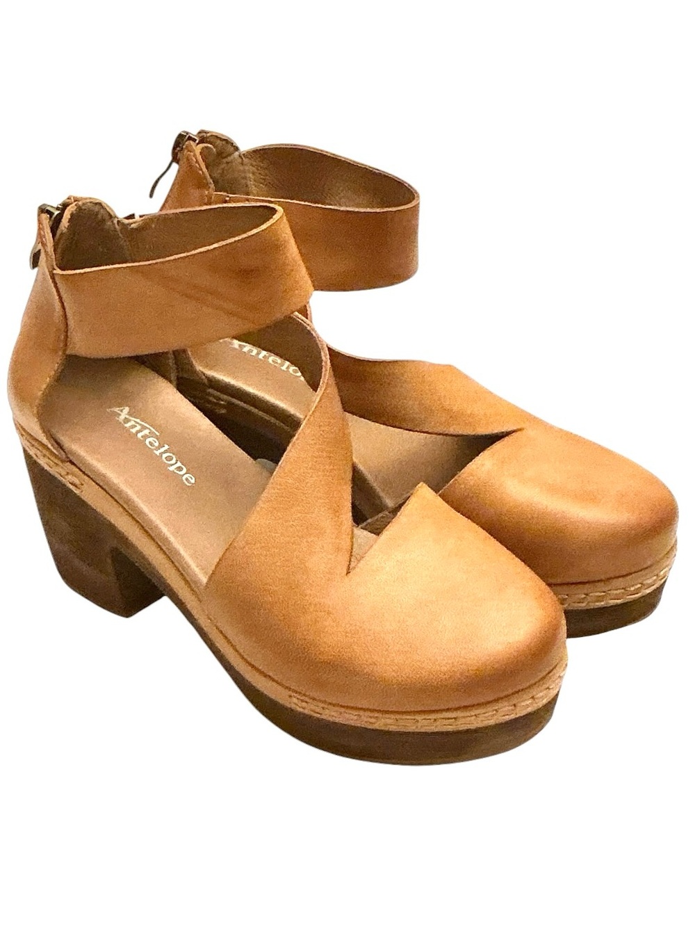 Antelope Shae Tan Leather Mule Cut-Out Chunky Boho Clog  Size-EU 38/7-7.5